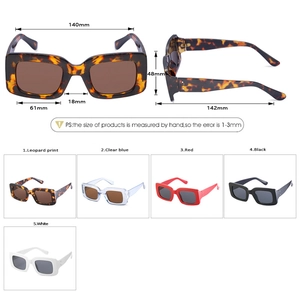 Rectangle thick frame sunglasses for women in five colors with detailed size measurements