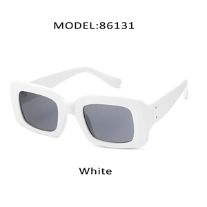 Fashionable white square frame sunglasses with black lenses in a 45-degree angle view