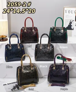 Detail view of glossy tote bags with embossed rose patterns in six vibrant colors