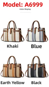 Detail view of large canvas shoulder bags with vertical stripes in four color variations
