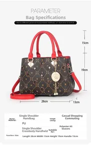Detailed size chart for a monogram shoulder bag with red handles and metal tassel