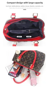 Macro view of patterned tote bag interior with multiple compartments and red trim details