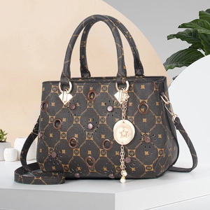Deep brown plaid shoulder bag with daisy print on white geometric stand