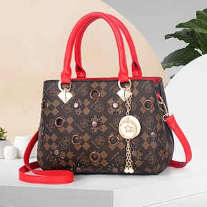 Fashionable monogram plaid handbag with red contrast handles and star tassel pendant