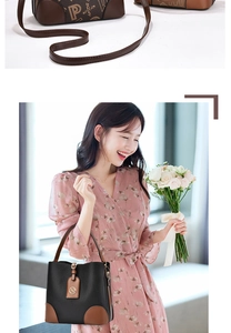 Détail d'un sac bandoulière marron à monogramme et d'un sac seau en cuir noir à logo doré