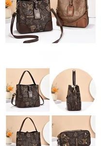 Vues détaillées d'un sac seau vintage à monogramme avec chaîne et bandoulière réglable