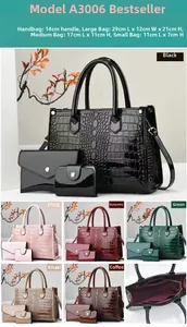 Detailed interior of crocodile pattern patent leather tote bag with three-piece set layout