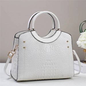 Elegant white crocodile embossed leather tote bag with gold hardware and shoulder strap