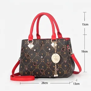 Fashionable brown PU leather crossbody handbag with red handles and checkered patterns