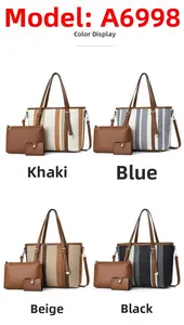 Three-piece handbag set detail showing canvas tote, clutch, and card holder in four colors