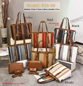 Detailed set of multi-colored striped tote bags with matching pouches and wallets