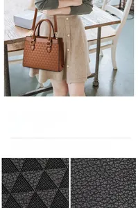 Macro detail of caramel PU leather texture and geometric triangular pattern stitching on bag