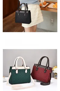Detailed view of tote bag color variants with geometric embossed patterns and strap