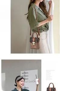 Detail of printed PU leather crossbody phone bag with metal clasp and round handle