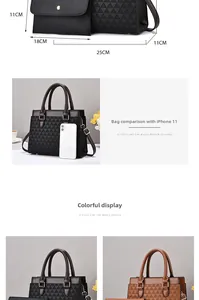 Detail view of large PU leather tote bag with diamond pattern and 25x11x11cm size guide