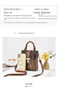 Brown PU crossbody bag size comparison with an iPhone showing dimensions 14.5x7x17.5cm