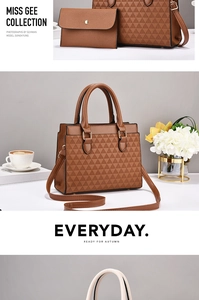 Close-up of brown embossed tote bag with geometric pattern and matching mini envelope pouch