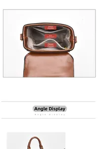 Detail of the multi-compartment interior with geometric lining in a brown leather bag