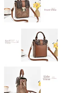 Detailed three-angle views of a vintage brown leather phone bag with chic letter printing