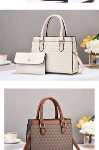 Detail view of stylish geometric embossed handbags in beige and tan for women