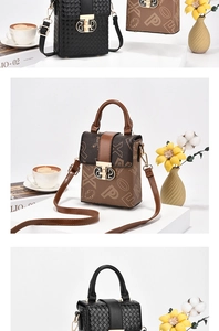 Close-up of stylish PU leather crossbody bags with gold logo metal buckles and top handles