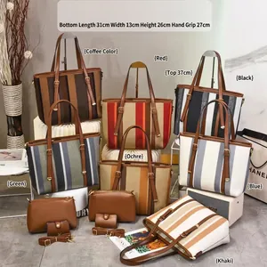 Striped large capacity 3-piece tote bag set with shoulder strap and leather handles