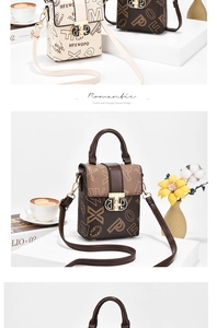 Detail of vintage printed mini crossbody bag featuring leather handles and gold T-clasp
