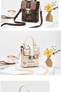 Detail of trendy letter print crossbody phone bags with metallic twist locks and straps
