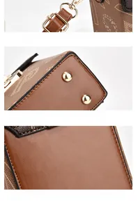 Detailed views of patterned PU leather, gold-plated metal clasp and bag base studs