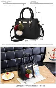 Detailed size guide of black lychee leather crossbody bag with chic tri-color fur pompom