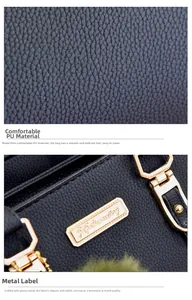 Detail of black lychee grain PU leather with a gold-tone metallic brand plate