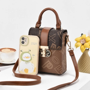 Retro brown printed crossbody phone bag with adjustable strap and metallic twist lock