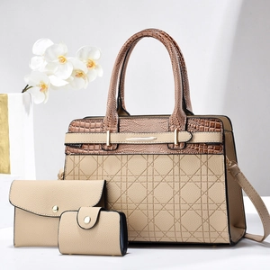 Ensemble de sacs 3 pièces en cuir PU beige avec motif matelassé et détails en crocodile