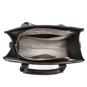 Spacious interior of coffee brown PU leather tote bag with gray herringbone lining