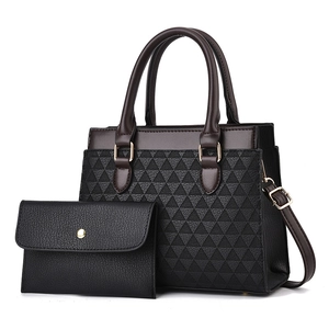 Brown geometric embossed tote bag set with matching black pouch and gold hardware