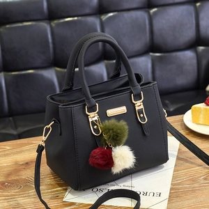 Women Handbag PU Leather Lychee Grain Large Capacity Shoulder Crossbody Bag Fashion With Fur Ball Charm Decorative