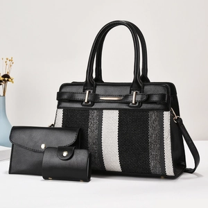 Three-piece women's tote set in black faux leather with stylish striped fabric contrast