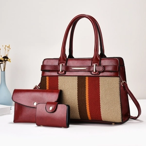 Three-piece set featuring large handbag with striped canvas and burgundy leather detail
