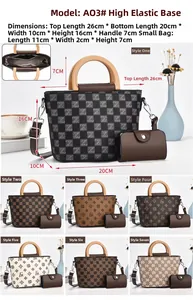 Size chart for tote and mini pouch set featuring wooden handles and checkered prints