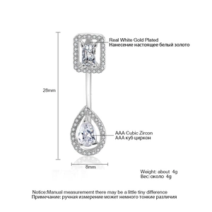 Macro detail of white gold plated belly ring with cubic zirconia drop and dimensions