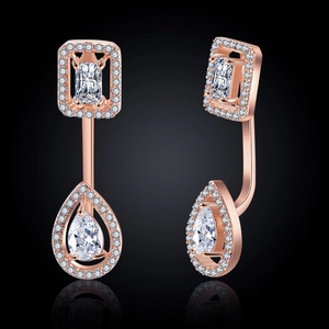 Detail of rose gold drop earrings featuring sparkling square and waterdrop zircon stones