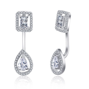 Exquisite silver geometric earrings with square and teardrop zircon crystals on white background