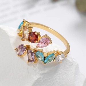 Adjustable gold open ring with colorful pear and marquise-cut cubic zirconia crystals