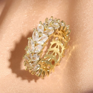 Bague Éternité Zirconia Coupe Marquise Cuivre Plaqué Or Forme De Feuille Bijoux De Mode Pour Femmes