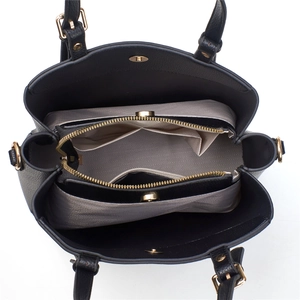 Internal view of litchi grain tote bag with zipper compartment and gray lining