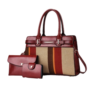 3-piece burgundy crossbody tote bag set with striped patchwork and envelope clutch