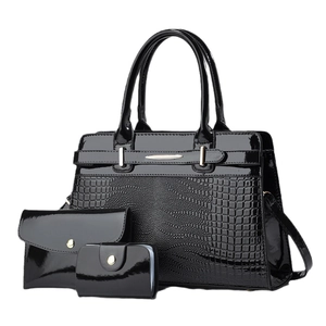 3-piece black glossy lizard pattern tote set with premium crocodile texture and gold hardware