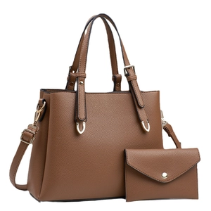 Brown litchi pattern tote bag set with detachable strap and small envelope pouch