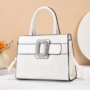 Elegant white crocodile embossed handbag with luxury rhinestone buckle for women