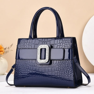 Navy blue crocodile pattern patent leather handbag with sparkling rhinestone buckle